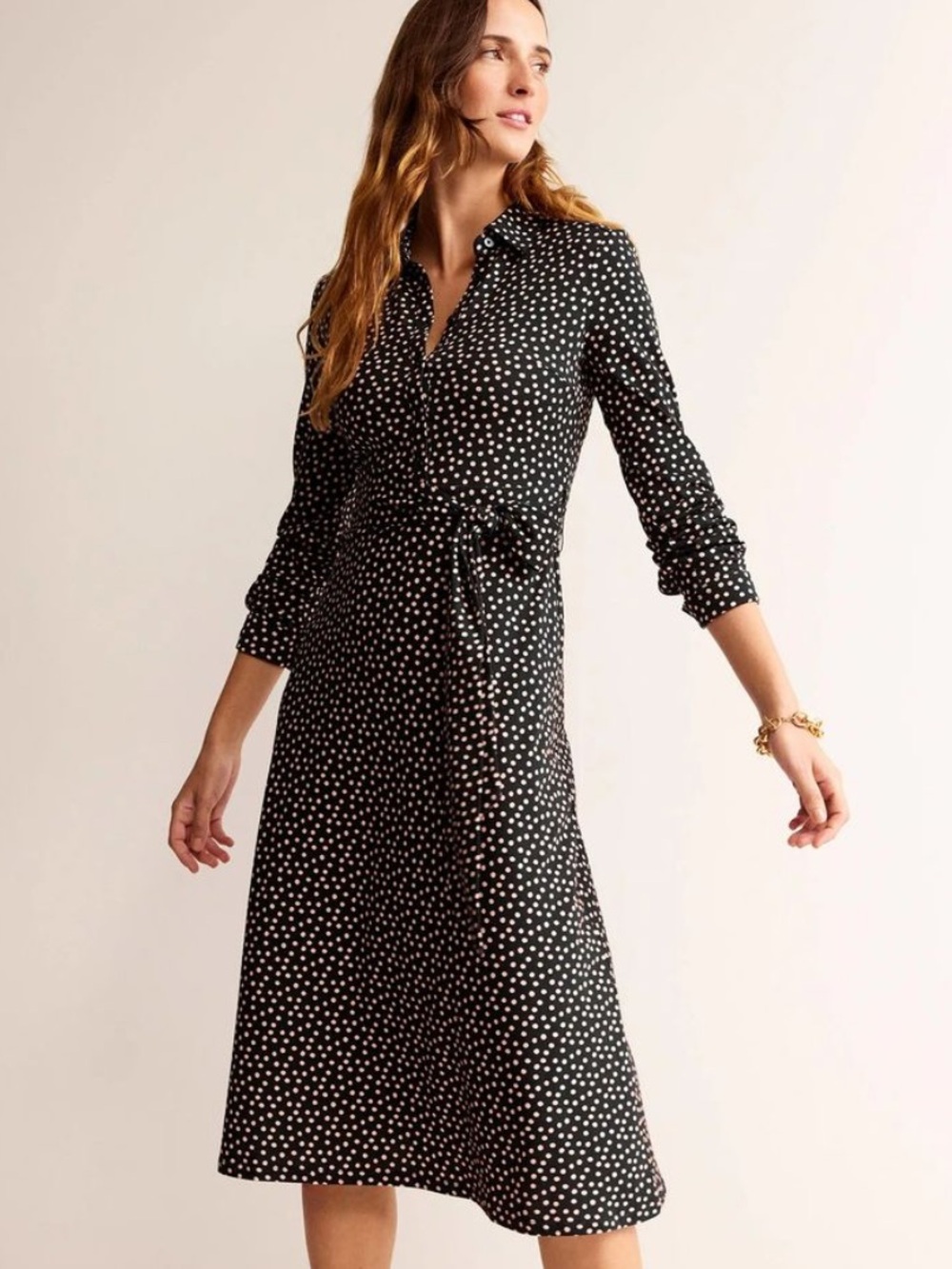 Boden Black Polka Dot Shirt Dress with Tie Waist, 10P